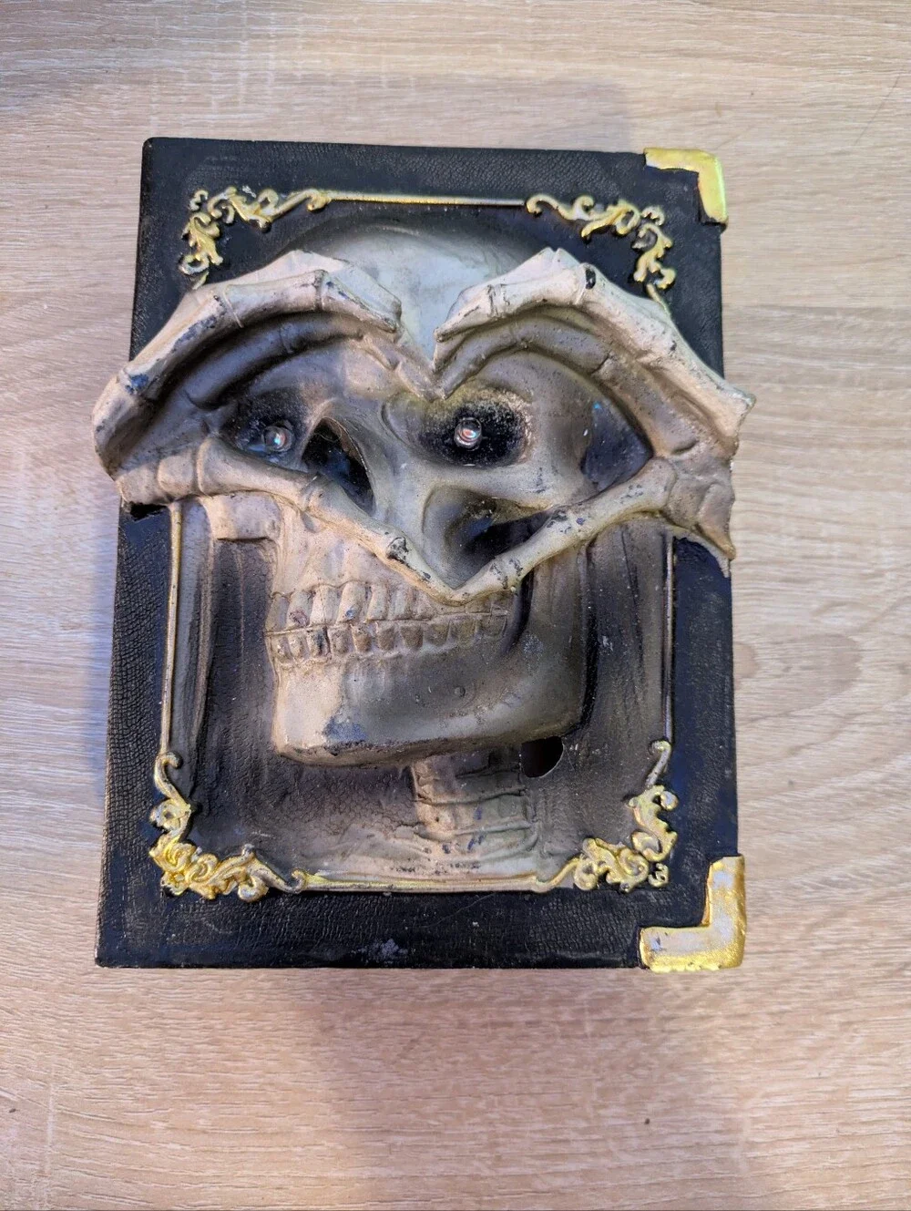 Vintage Gothic Skull Light Up Red Eyes Halloween Book Decor 6x7.5